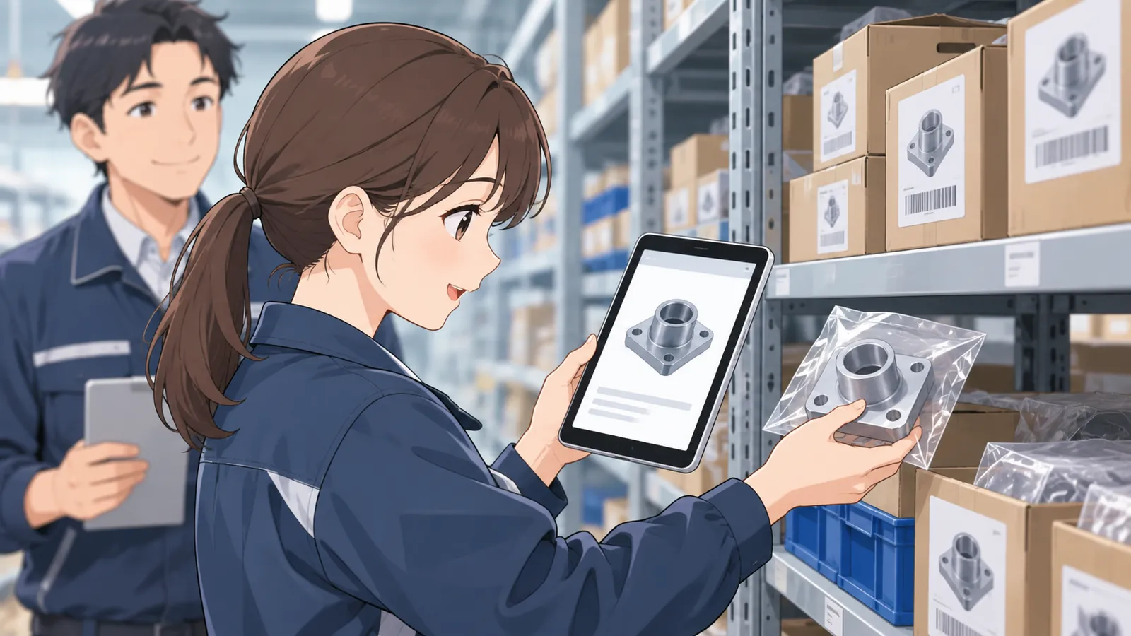 タブレットに表示した部品の画像と、袋に入った実物の部品を見比べる作業者のイラスト